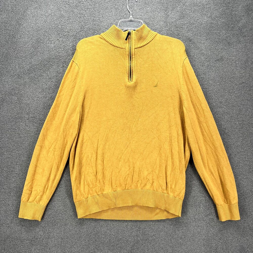 Nautica Sweater Mens Large Mustard 1/4 Zip Knit Long Sleeve Mock Neck Pullover